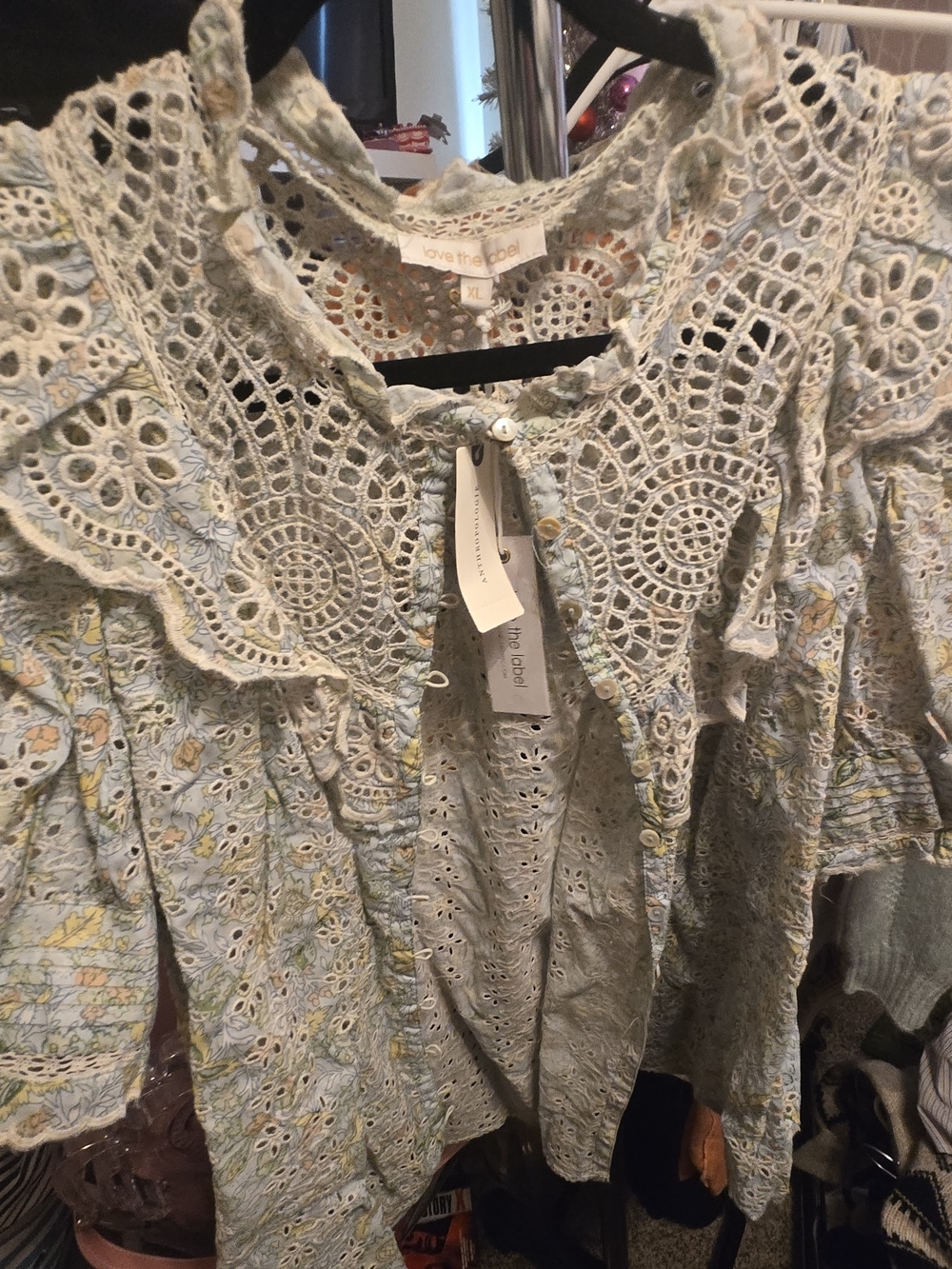 Anthropologie Pale Blue Eyelet Crochet-Trim Blouse